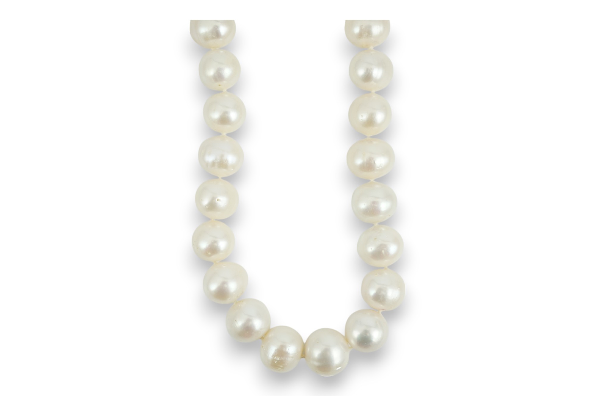 A single strand South Sea? cultured pearl necklace, with 14k yellow metal clasp, 44cm